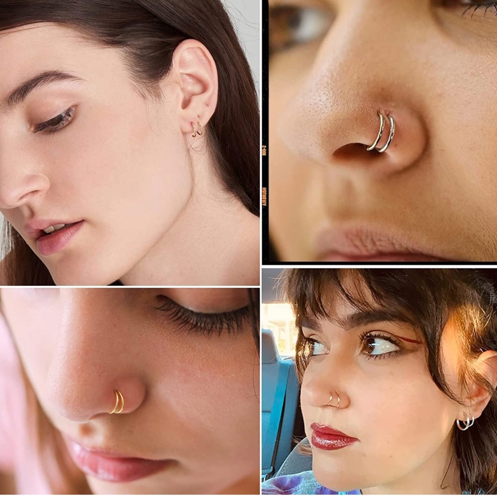 Double Nose Ring For Single Piercing Twist Nose Ring Hoop Nose Ring Double Hoop - Picture 6 of 6